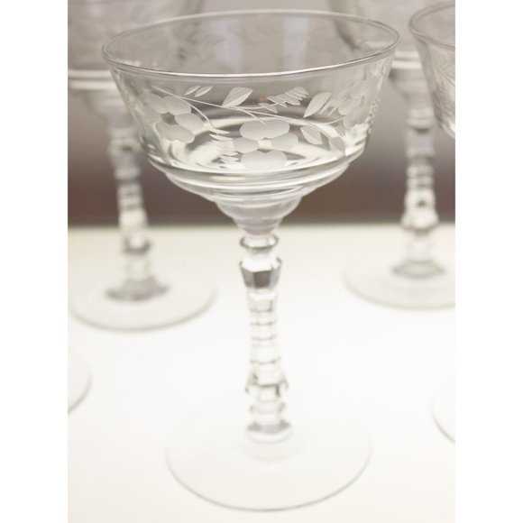 7 Rock Sharpe Halifax Tall Sherbet Champagne Glass Crystal Floral Etch Circa 40s - Picture 6 of 8